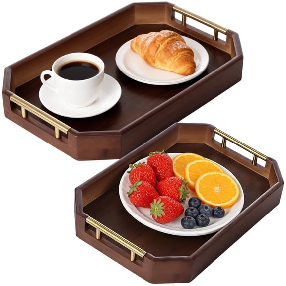 2 Pcs Wood Serving Tray with Handles, Ottoman Tray for Coffee Table, Decorative Tray for Coffee Table, Breakfast in Bed, Kitchen, Dining, Home Decor, 15x10.2/13x8.7 in