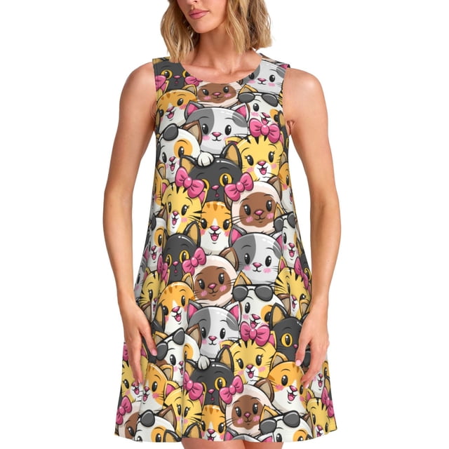 Disketp Cute Cat Cartoon para Vestido sin Mangas para Mujeres, Vestidos de Verano para Mujeres, Casual y Holgado para la Playa
