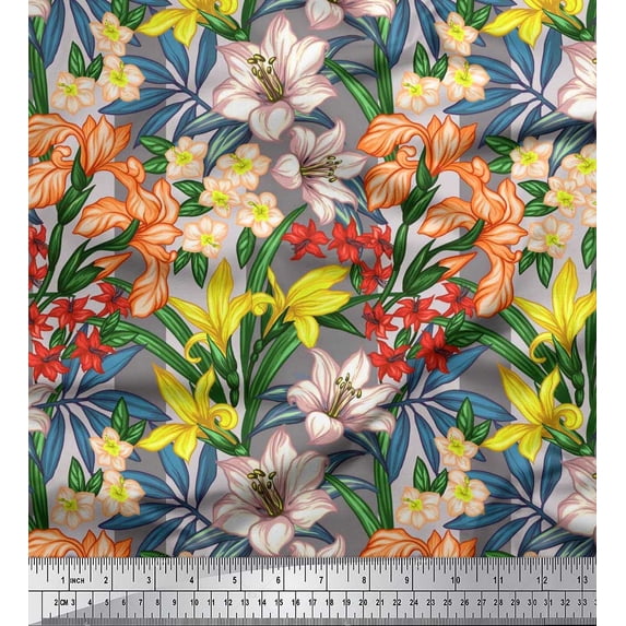 Soimoi Grey Georgette Viscose Fabric Leaves, & Lily Floral Fabric Prints By Yard 42 Inch Wide