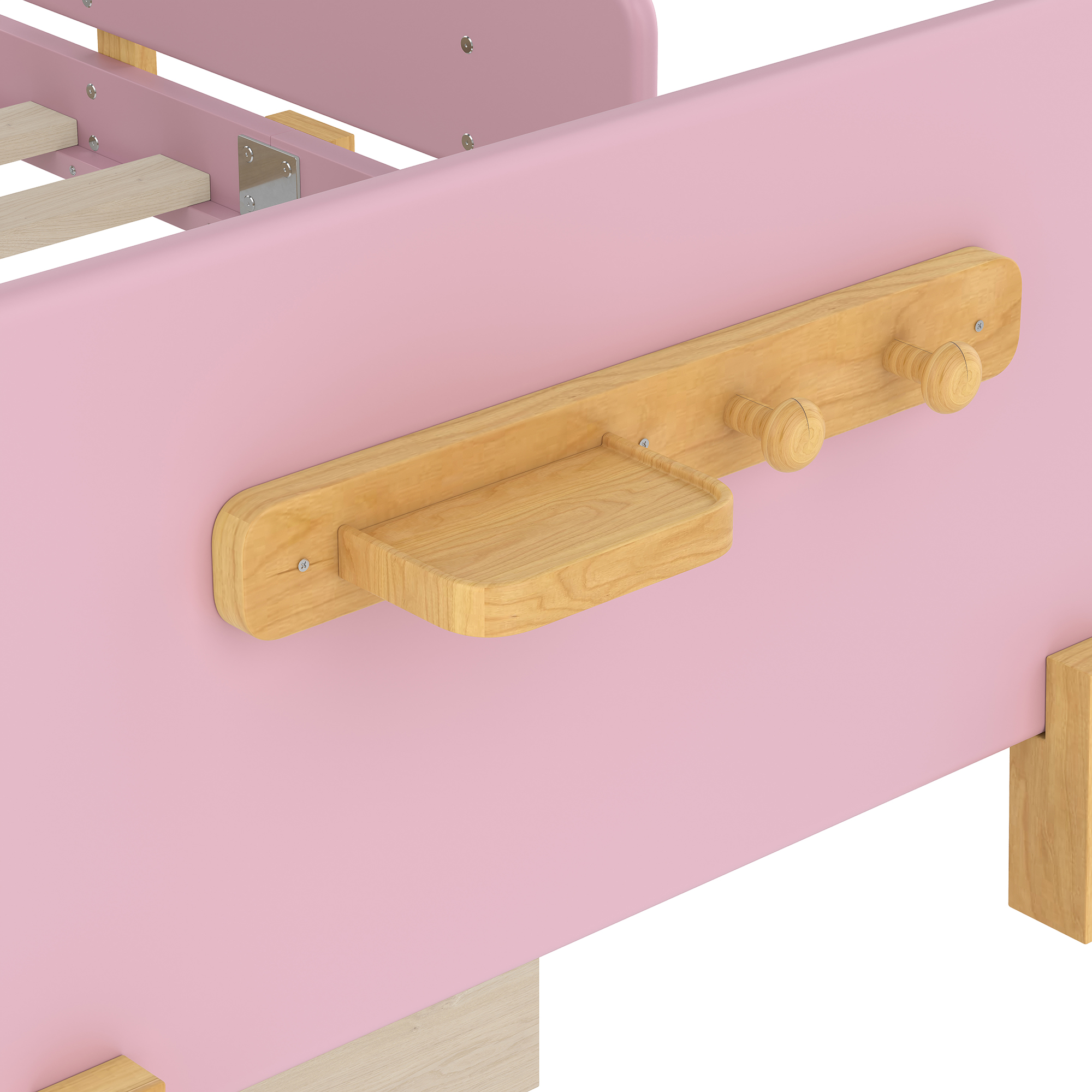 Miniyam Twin Bed with Storage Drawers, Guardrails, Footboard Shelf & Side Hooks for Kid, Pink