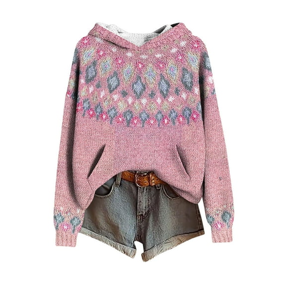 Knit Hoodies for Women V Neck Long Sleeve Print Drop Shoulder Sweatshirts No Hood Casual Loose Pullover with Pocket (XL, Pink-A)