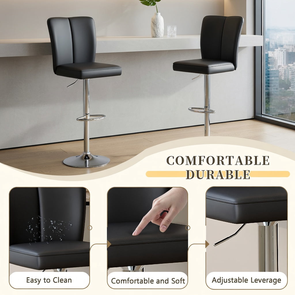 Hommoo 2-Piece Modern PU Leather Bar Stools with Adjustable Height, 360° Swivel & Trumpet Silver Metal Legs, Contemporary Kitchen, Bar & Lounge Seating, Black