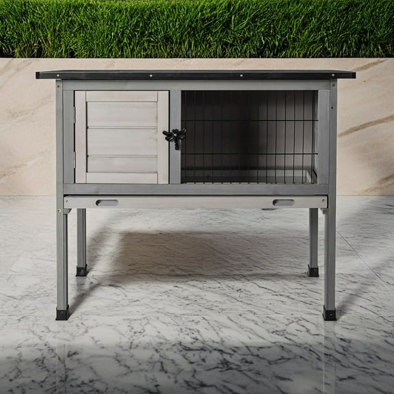 Pefilos 33" Rabbit Hutch for Outdoor Deck Wood Bunny Cage, Pet Guinea Pig Hutch Animal Poultry Cage, Gray