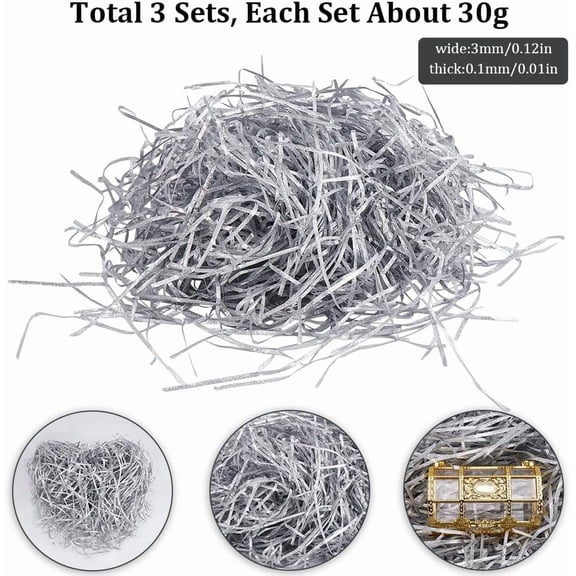 1set Raffia Crinkle Cut Paper Shred Filler for Gift Wrapping & Easter Basket Filling Silver 3x0.1mm