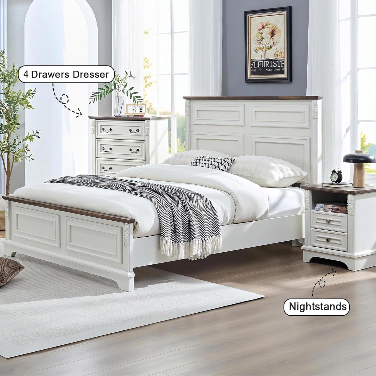 BOSHIRO 4-Drawer Dresser for Bedroom, Farmhouse Carved Storage Chest Organizer with Brown Top, Antique White Finish