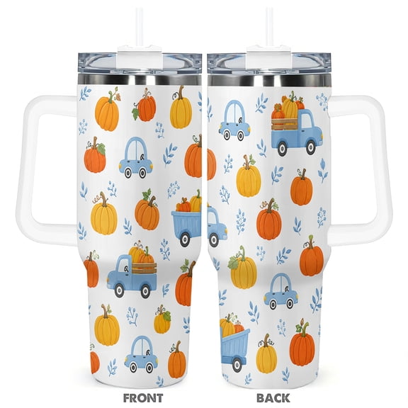 Pumpkin Truck 40oz Travel Tumbler With Handle And Straw, Insulated Stainless Steel Fall Halloween Mug Gift