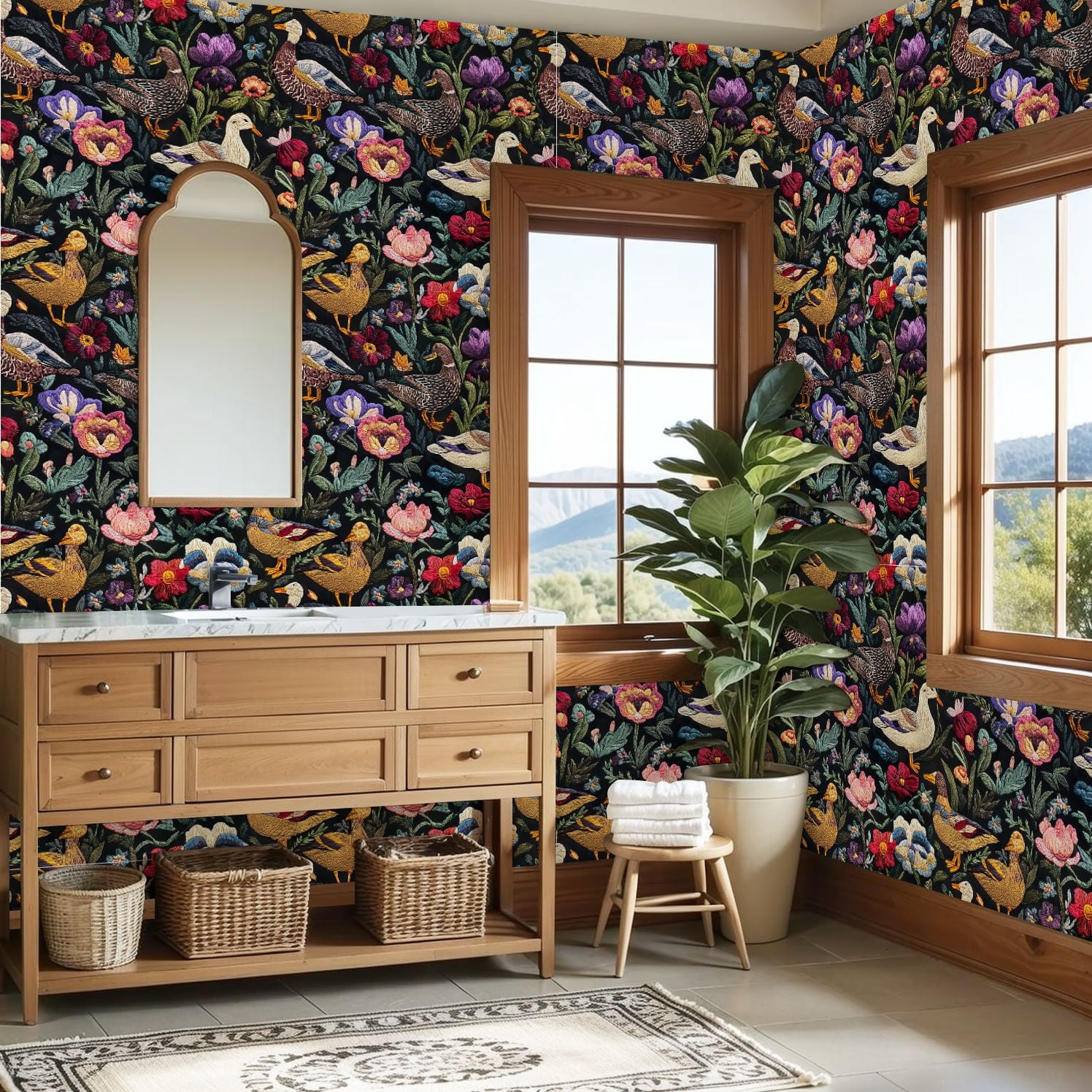 Peel and Stick Wallpaper Colorful Floral Embroidery Ducks Birds Black Wall Mural 23.6in x 9.8ft Self Adhesive Removable Wall Paper Renter Friendly Wallpaper for Nursery Bedroom Cabinets