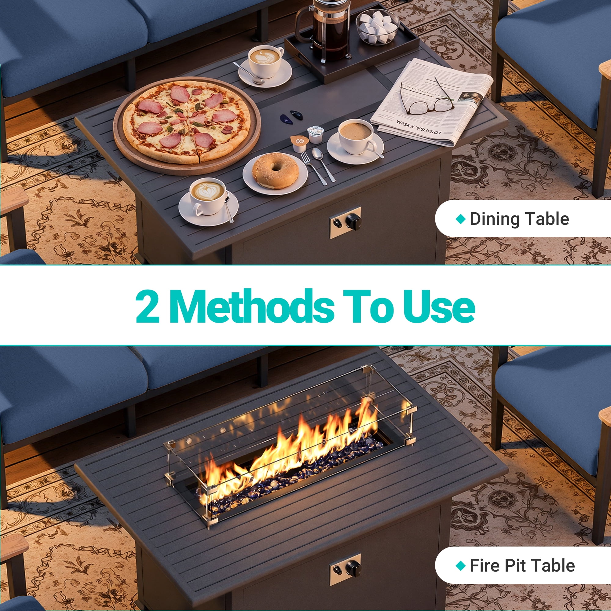 Muphyers 10 Piece Aluminum Outdoor Patio Furniture Set, 55000 BTU CSA Propane Fire Pit Table, 360° Swivel Rocker Sofa Set with Ottomans, All Weather for Backyard, Garden, Porch,Navy Blue