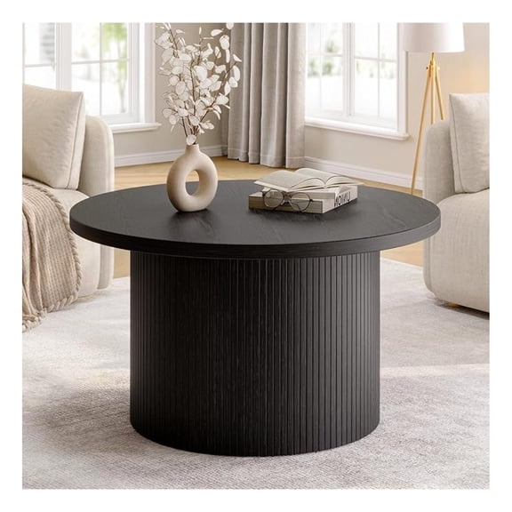 31.5" Round Coffee Table, Tambour Design Coffee Tables for Living Room, Century Modern Wood Coffee Table, Drum Accent Small Center Table, Black