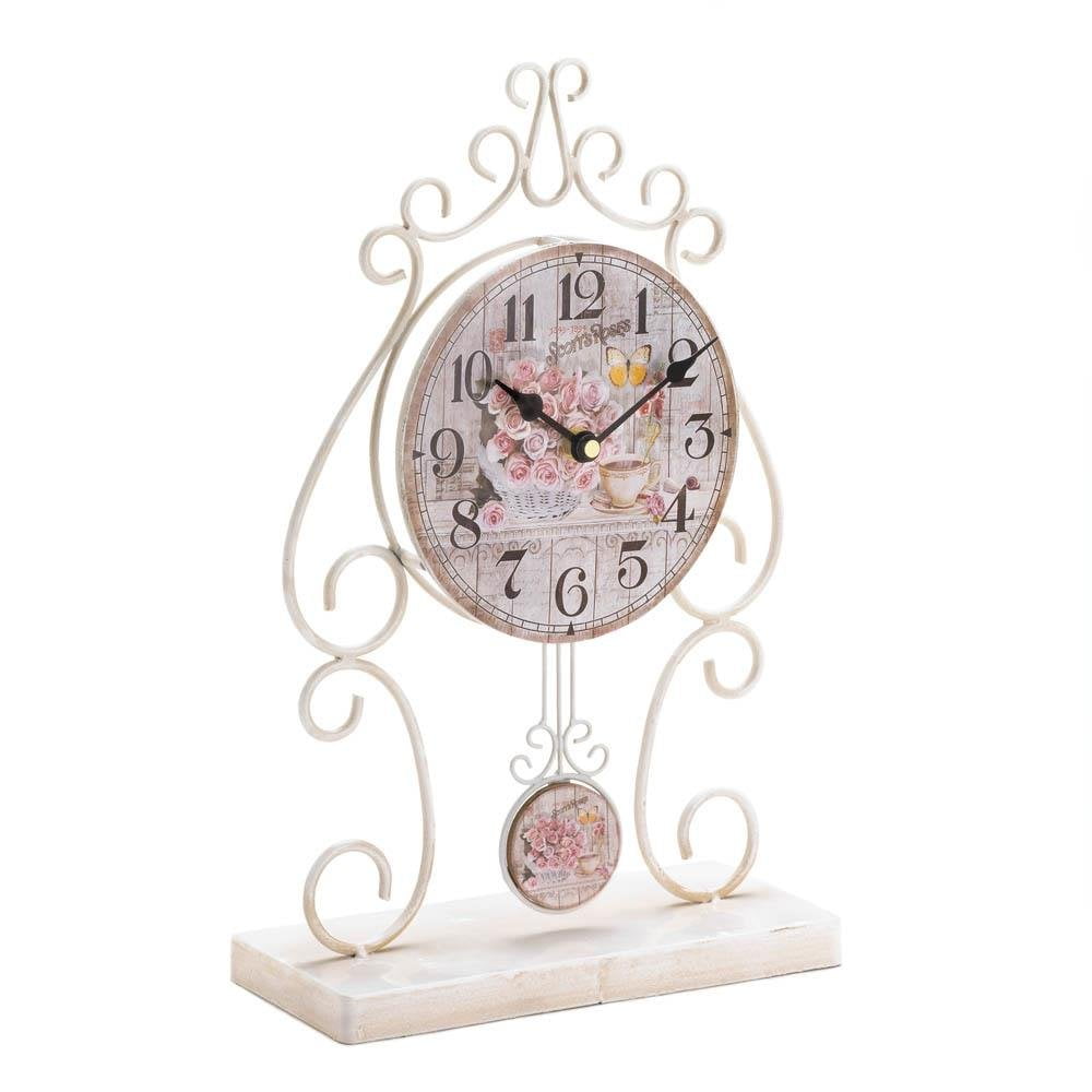 Metal Table Clock Country Rose Small Round Rustic Vintage Desk