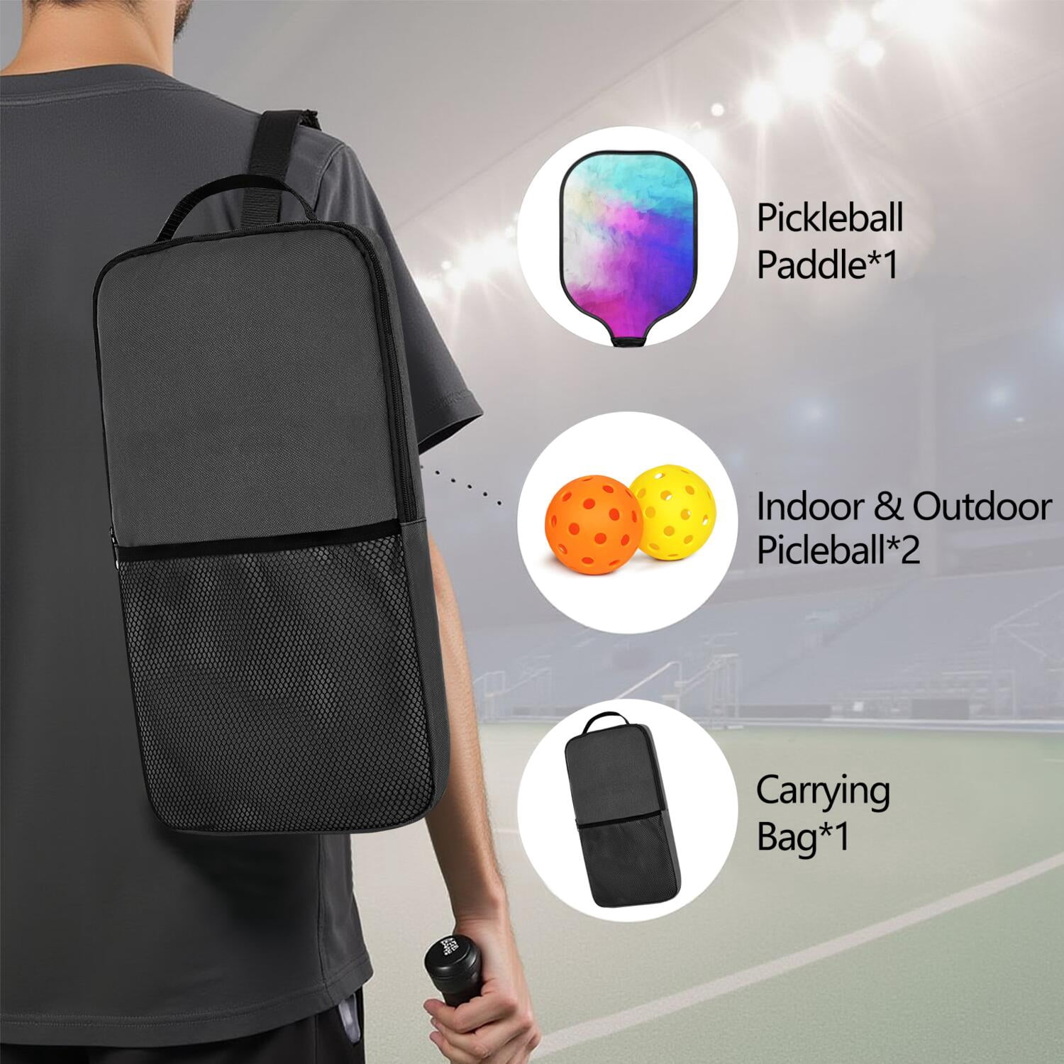 Pickleball Paddles Set Of 1, Fiberglass Surface, Fluid Smoke Aurora Art Style, 1 Paddle, 2 Balls & Bag
