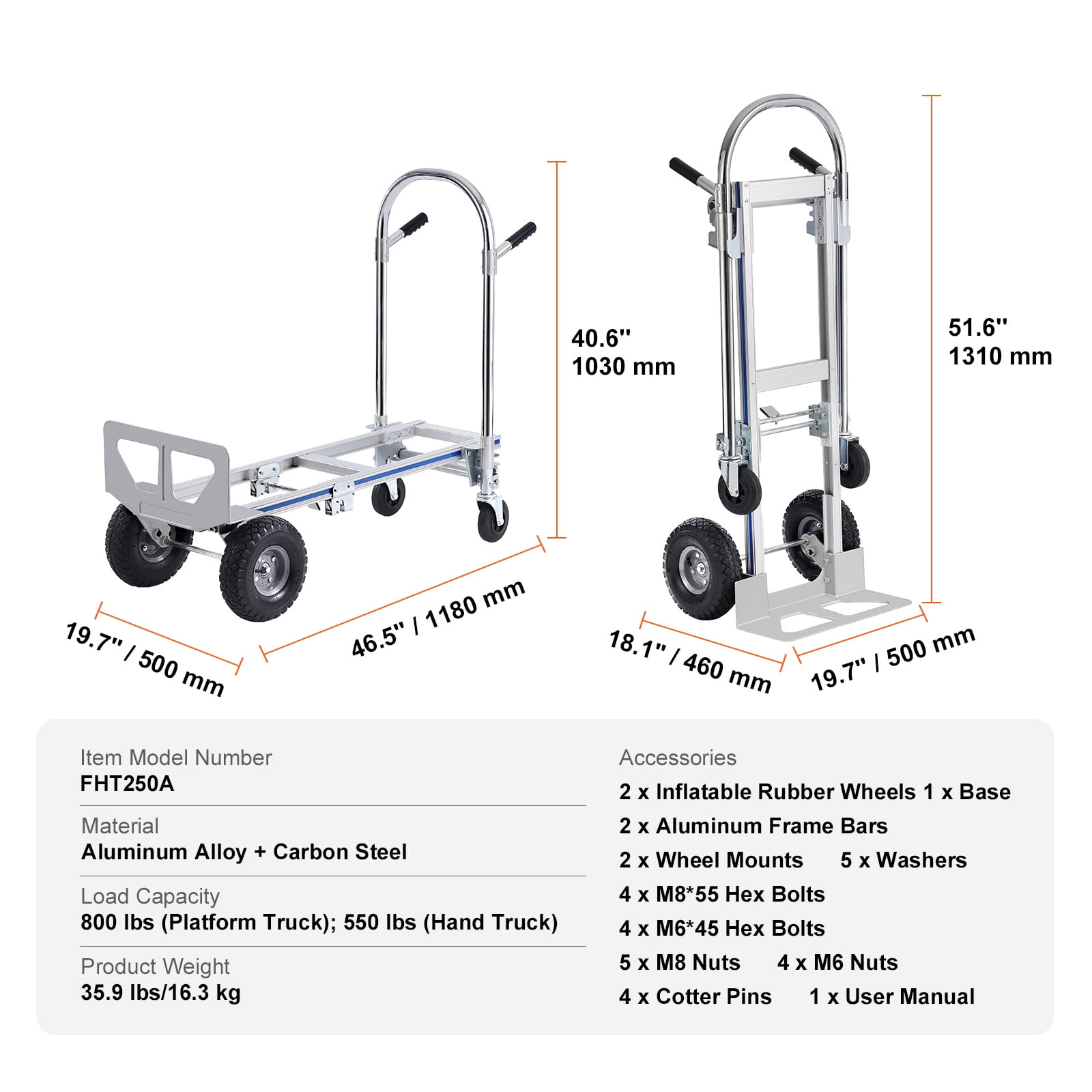 KFFKFF Aluminum Hand Truck, Dual-Function, 800 lbs Capacity, Robust Industrial Foldable Hand Truck and Dolly, Versatile Cart Transforms from Hand Truck to Platform Cart, Equipped with Rubber Wheels