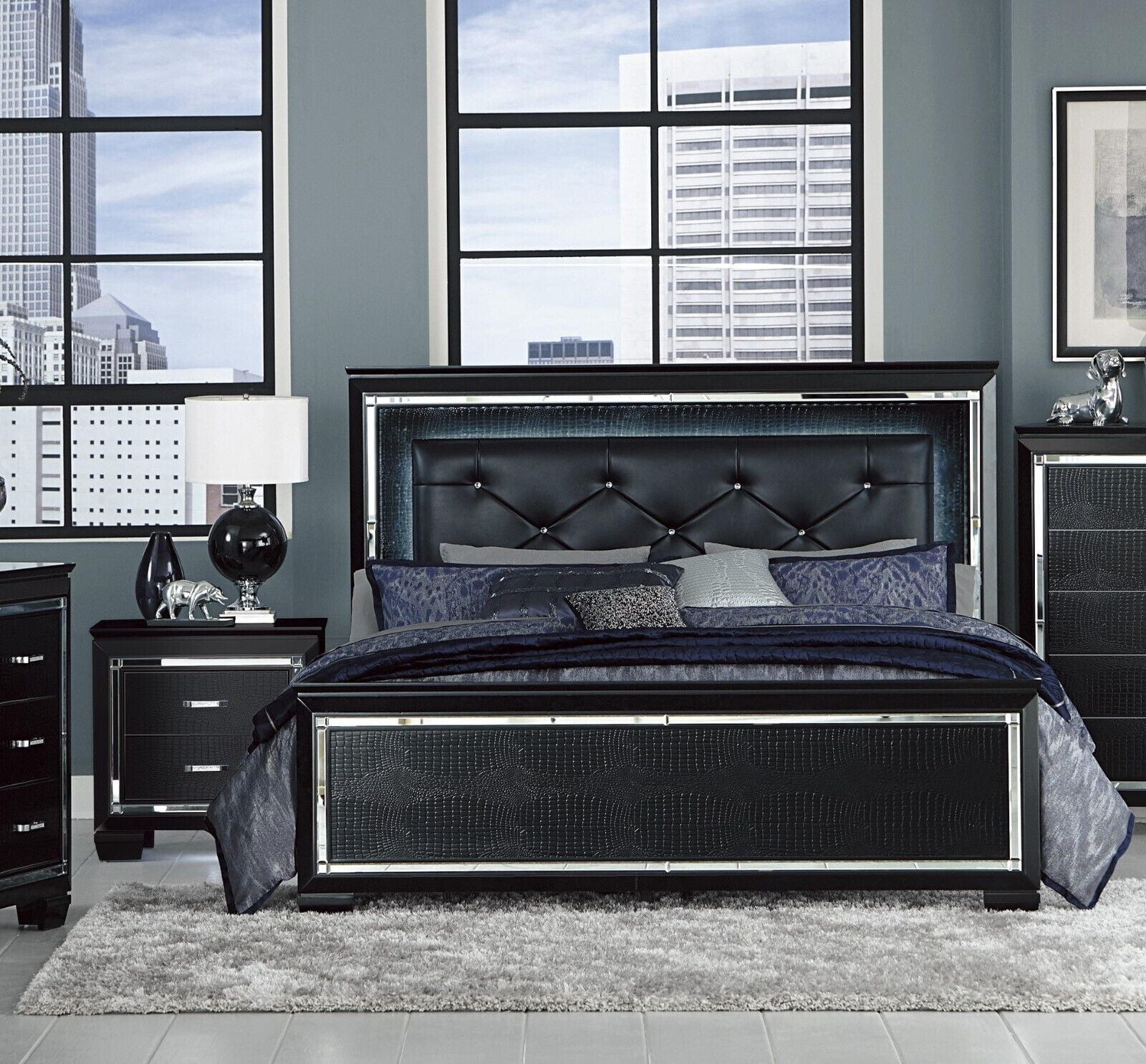 Modern 3pc Bedroom Furniture Queen Size LED Bed Tufted Nightstands