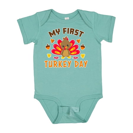 

Inktastic My First Turkey Day with Turkey and Leaves Gift Baby Boy or Baby Girl Bodysuit
