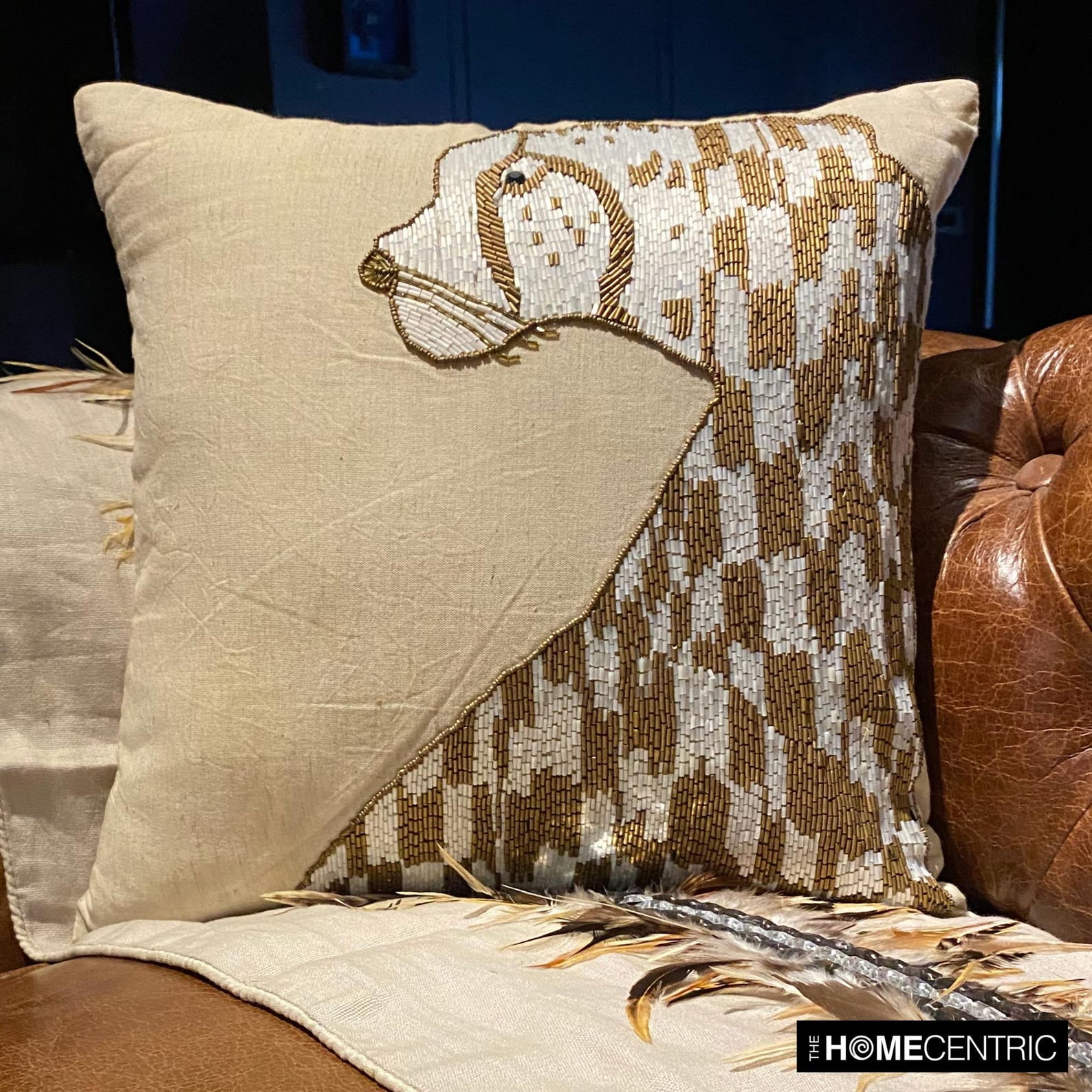 The HomeCentric Decorative Animal Throw Pillow Cover Accent Couch Sofa Bed Pillow Case Beige Linen Pillow Cover Bead Embroidered, Beige Pillow Covers Pack of 2, 12x12 inches Easter - Leopard Purr