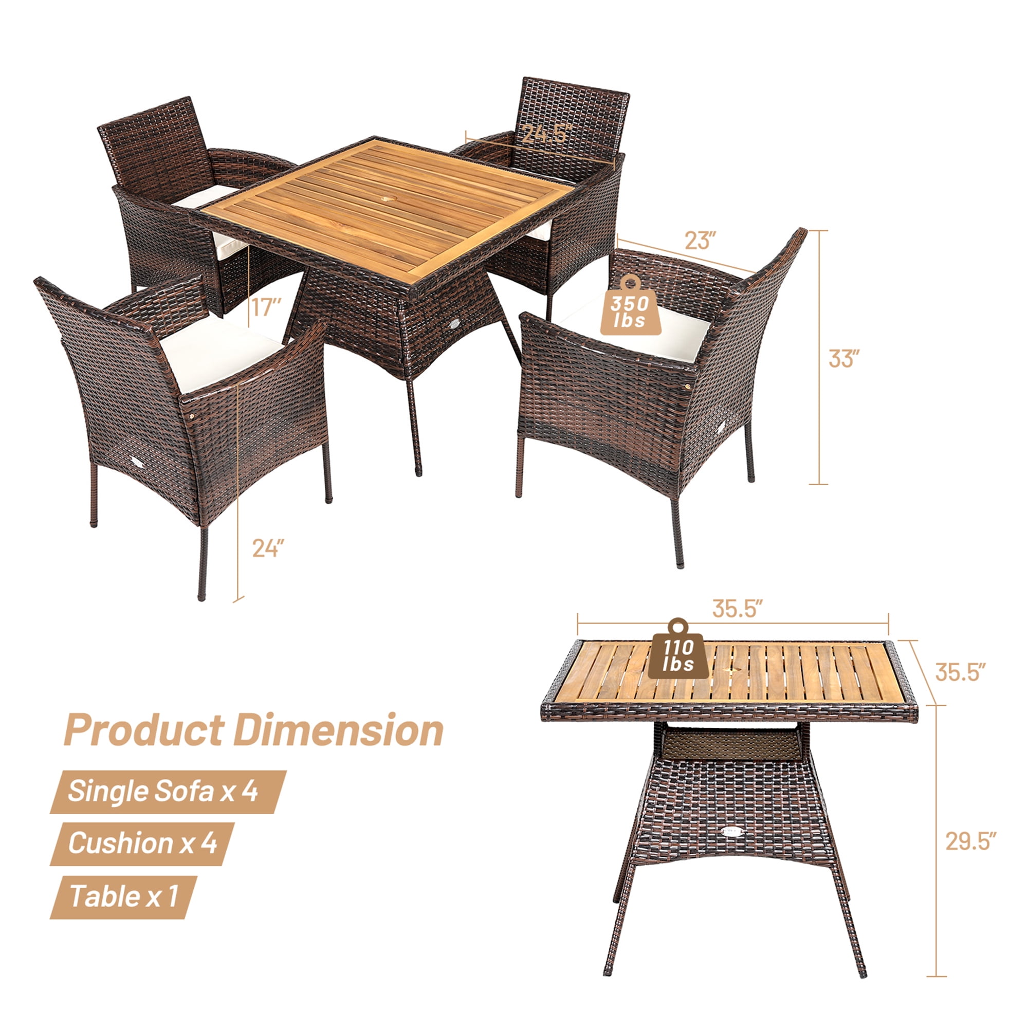 Gymax 5PCS Patio Dining Table & Chair Set Outdoor Furniture Set w/ 4 Seat Cushions