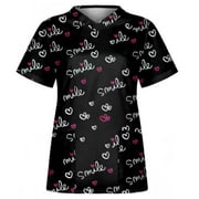 Mialoley Women Valentine's Day Scrubs Tops Love Heart Print V Neck Short Sleeve Medical Scrub Shirts