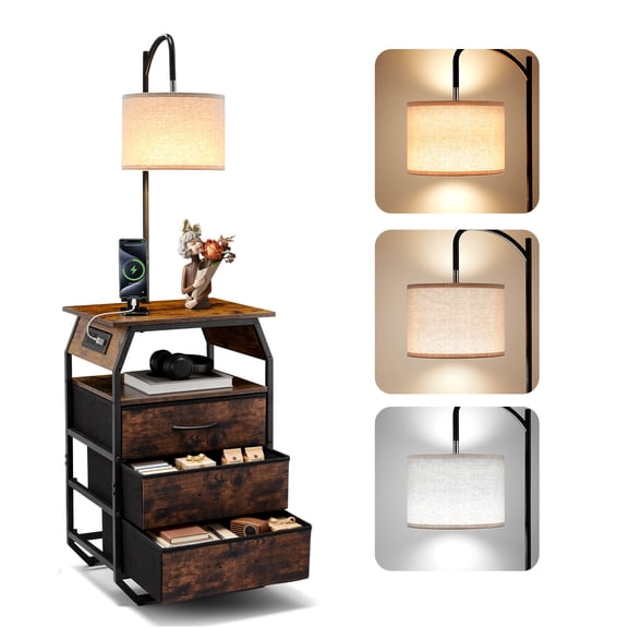 VEVOR Floor Lamp with Table, 2-Tier End Table with 3 Drawers and 3 Color Temperature Lighting, Modern Side Nightstand Bedside Desk with USB & Type C & AC Charging Port for Living Room, Bedroom, Dorm