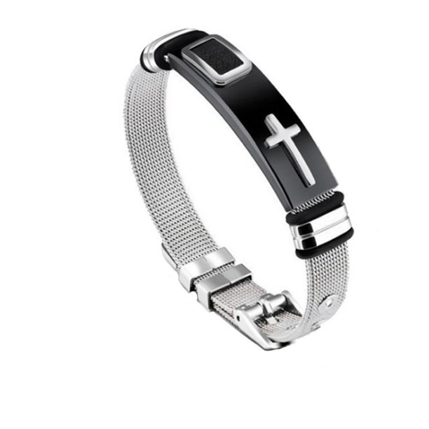 Pulsera para hombre, pulsera negra para hombre, elegante pulsera de malla de acero inoxidable con cruz ajustable para hombre, idea de regalo para colegas masculinos, regalo genial para niños TUNC Sencillez