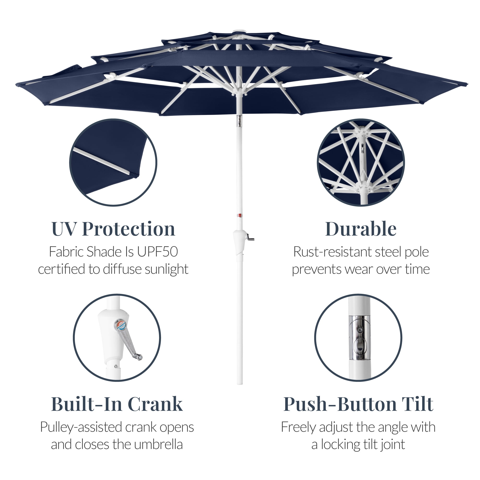 Best Choice Products 10ft 3-Tier Patio Umbrella White Pole, Outdoor Market Umbrella Steel Pole - Navy