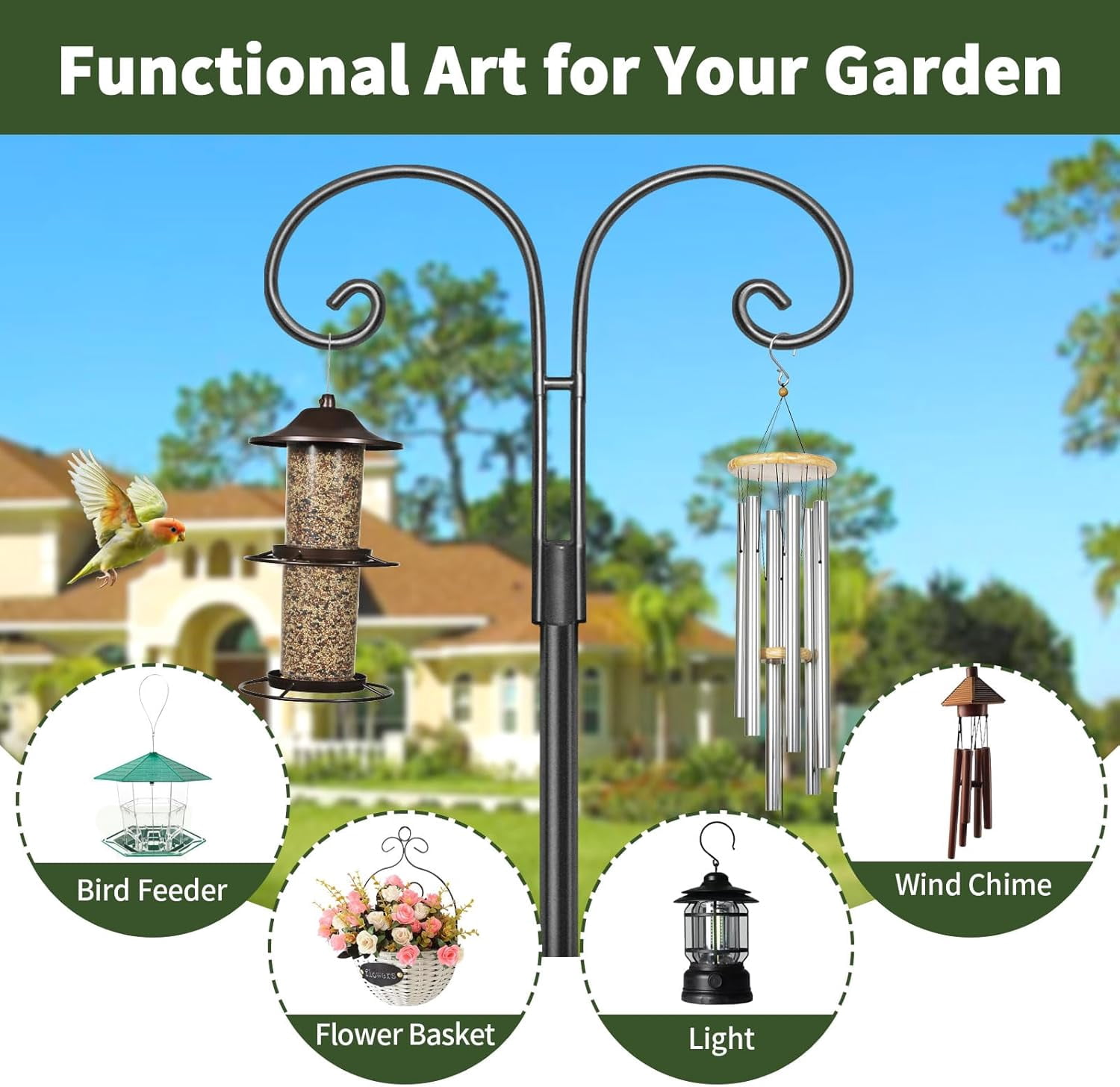 KOLAKO Bird Feeding Station, Heavy Duty Bird Feeder Poles, Metal Shepherd Hooks for Hanging Garden Lights, Basket, 193cm, Black