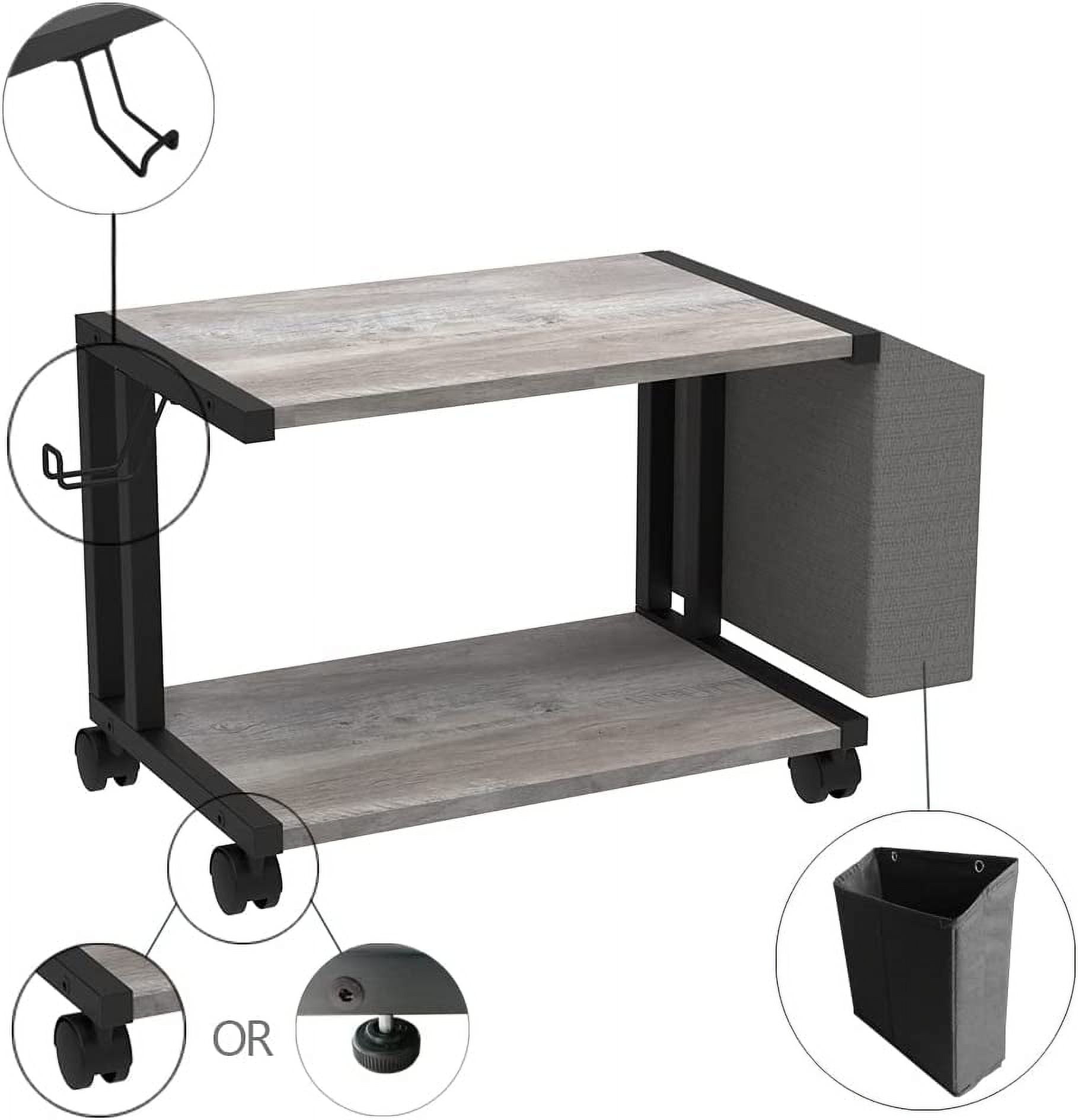 2 Tier Vintage Greige Wooden Under Desk Printer Stand with Storage Bag for Home Office Desktop Printer Table Organizer Mobile Printer Shelf Cart with Caster Wheel