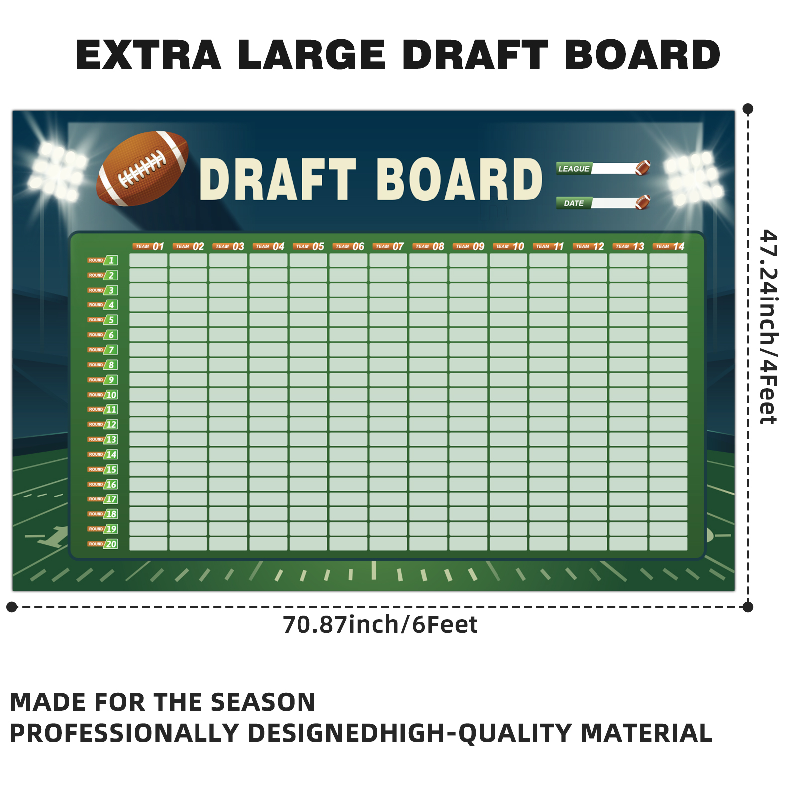 2026  Football Draft Board Kit -6 x 4 Feet -Up to 14 Teams & 660+ Player Stickers.