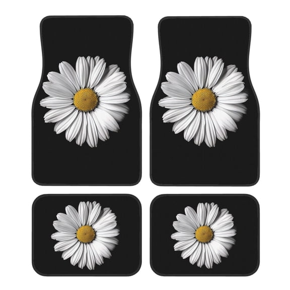 KAKALAD White Daisy Black Car Floor Mats 4PC Set Carpet Protection, Universal Fit for Car SUV VA & Truck, Vehicle Front & Rear