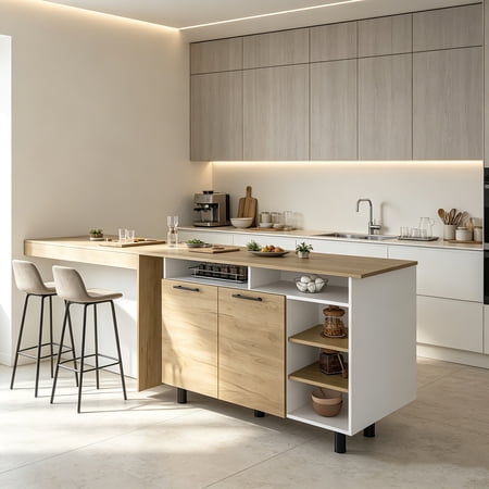 AUU White 59 Modern Kitchen Island with Storage Cabinet – Multi-Functional Workstation with Drawers Open Shelves & Closed Cabinets for Kitchen Organization Meal Prep or Serving