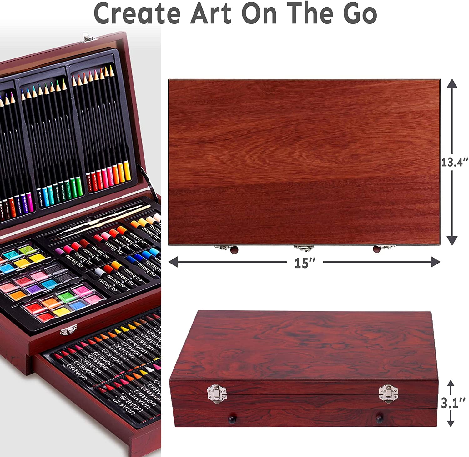 New 180 Piece Art Kit Artist's Supplies Set in Hinged Wood Case Storage Box