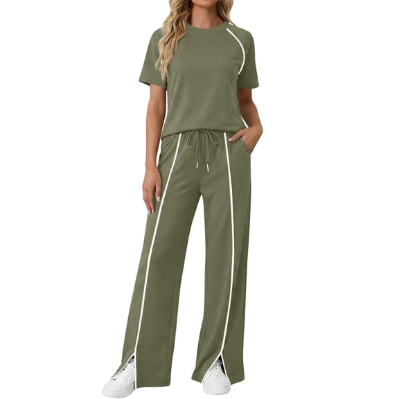 Enjoytime 2 Piece Sets for Women Casual Summer Outfits Crewneck Short Sleeve Matching Sweatsuit Wide Leg Pants Workout Lounge Set