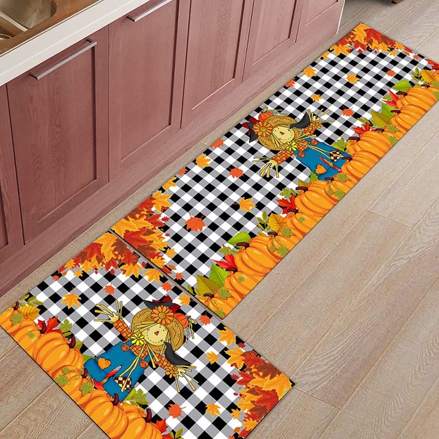 Thanksgiving Washable Kitchen Rugs Cushioned Floor Mat, Fall Scarecrow Pumpkin Maple, Waterproof Non-Slip Kitchen Rugs and Mats, Anti Fatigue Comfort Standing Mat Runner for Kitchen/Sink/Laundry