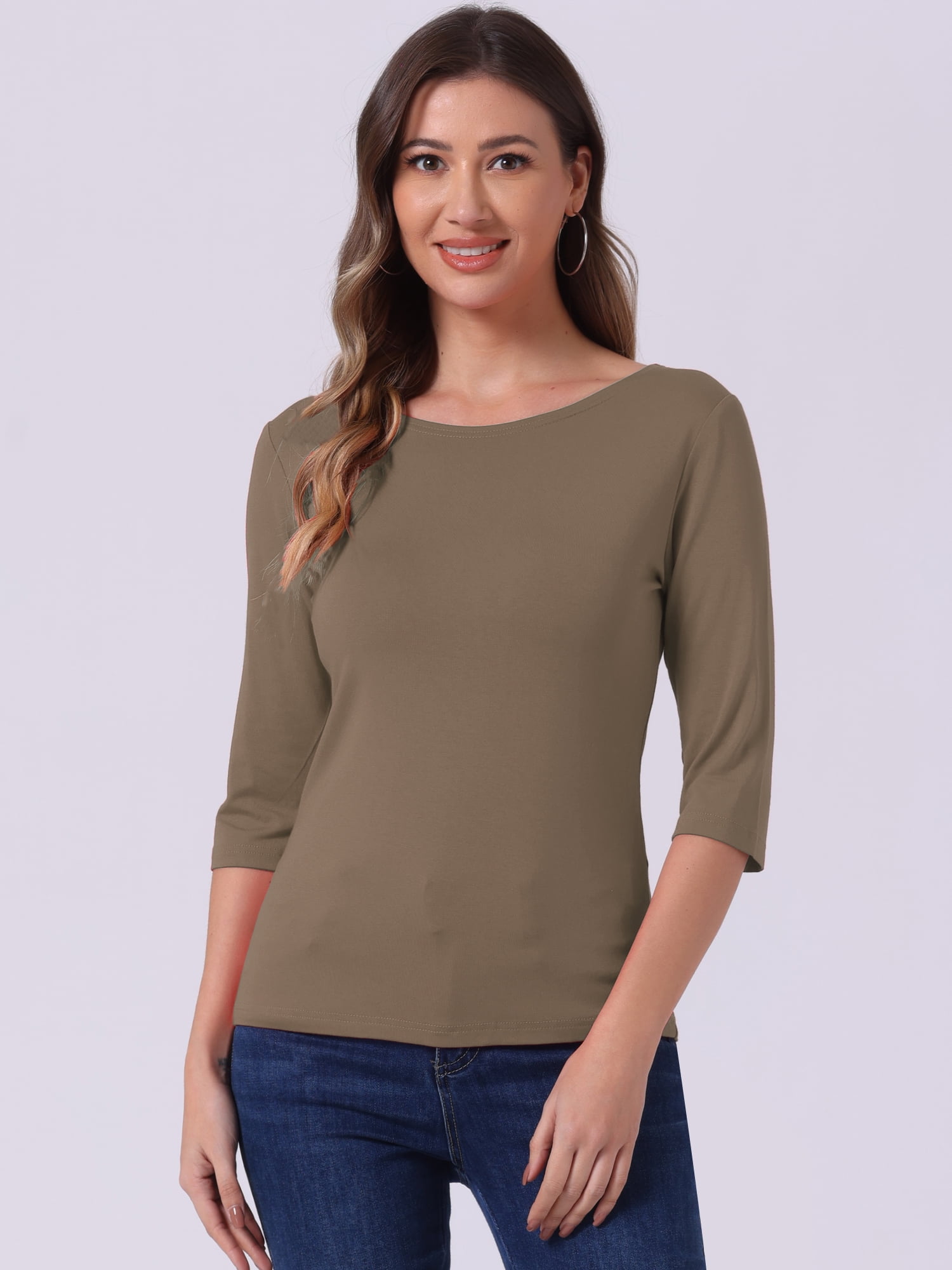 DARING DIVA Women's Elbow Sleeves Boat Neck Slim Fit Classic Tee XS Camel