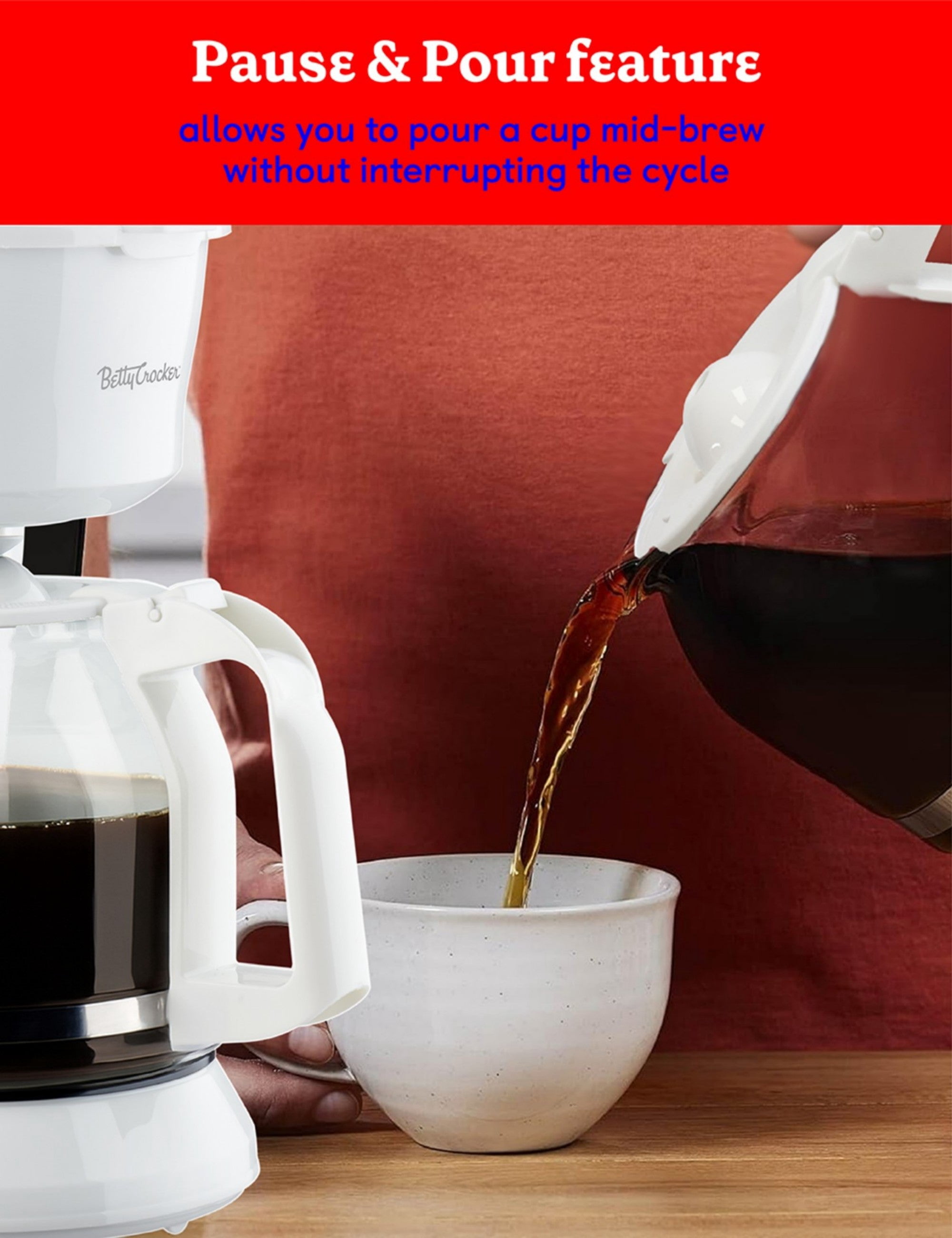Betty Crocker 12-Cup Drip Coffee Maker with Heat Resistant Glass Carafe, Removable Filter Holder for No. 4 Cone Filters, Pause & Pour, Water Level Gauge, Non-Stick Warming Plate, BC-5729W, White