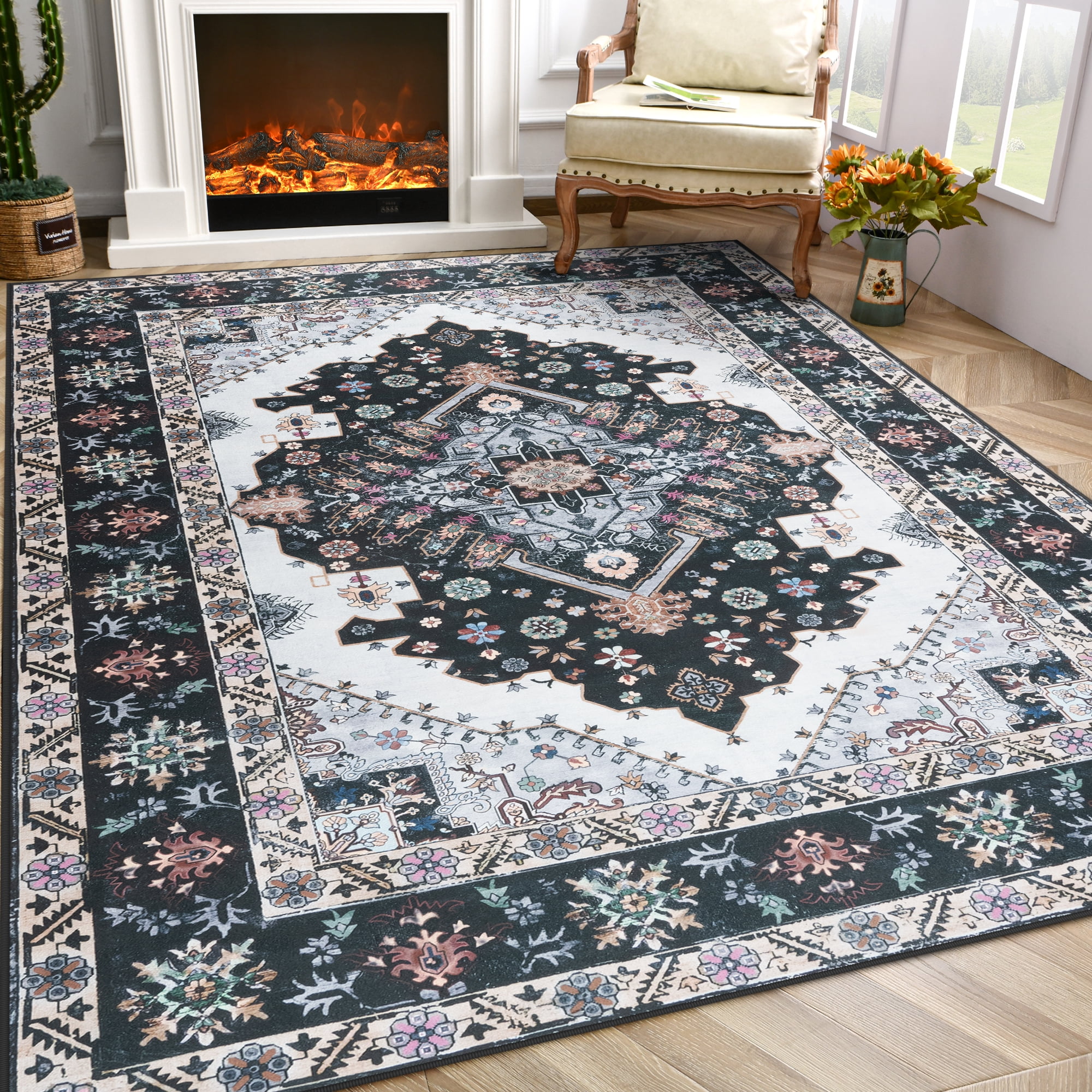 Softlife Ultra-Thin Chenille Vintage Area Rug Oriental Tribal Antique Carpet Boho Style, 5' x 8', Black