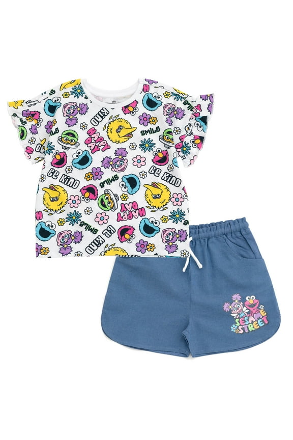 Elmo Cookie Monster Abby Cadabby T-Shirt and Chambray Shorts Outfit Set Infant to Little Kid