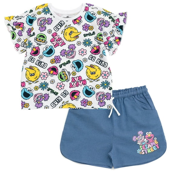Sesame Street Elmo Cookie Monster Abby Cadabby T-Shirt and Chambray Shorts Outfit Set Infant to Little Kid