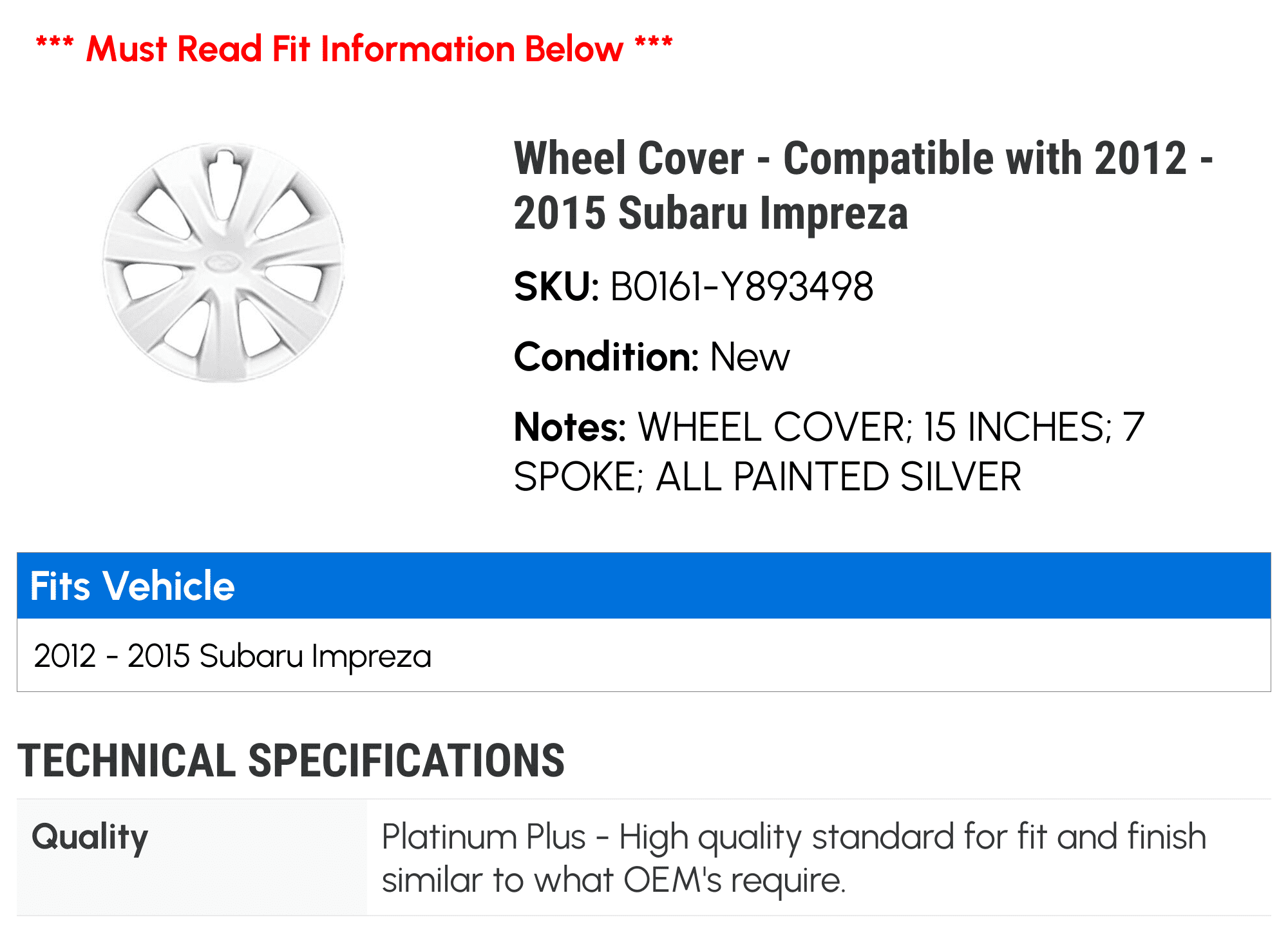 Wheel Cover - Compatible with 2012 - 2015 Subaru Impreza 2013 2014