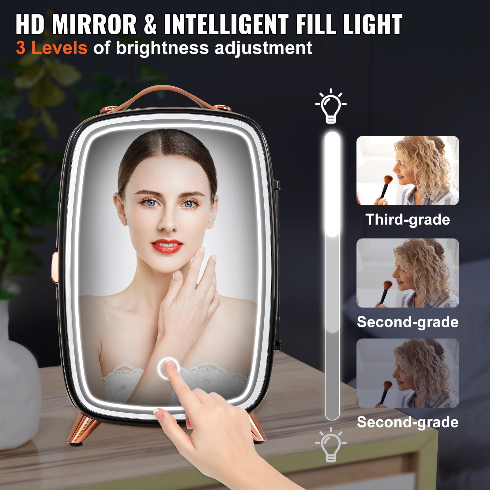 VEVOR Mini Fridge, 6L Skincare Fridge with LED light and HD Mirror, AC/DC Makeup Fridges for Skin Care, Cosmetic Storage, Chill Face Mask Drink, Small Refrigerator for Bedroom Dorm Desktop, Black