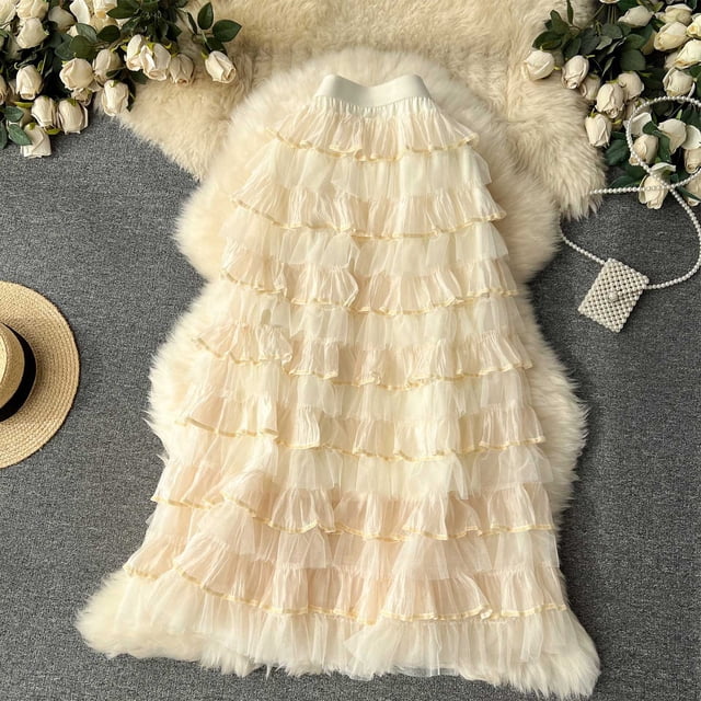 TaTaai Women High Waist Layered Tulle Cake Skirt Elegant Fluffy Mesh Midi Skirt Ladies Spring Summer Daily Commute Party Wear Lightweight Breathable Soft Stylish Skirt Gift