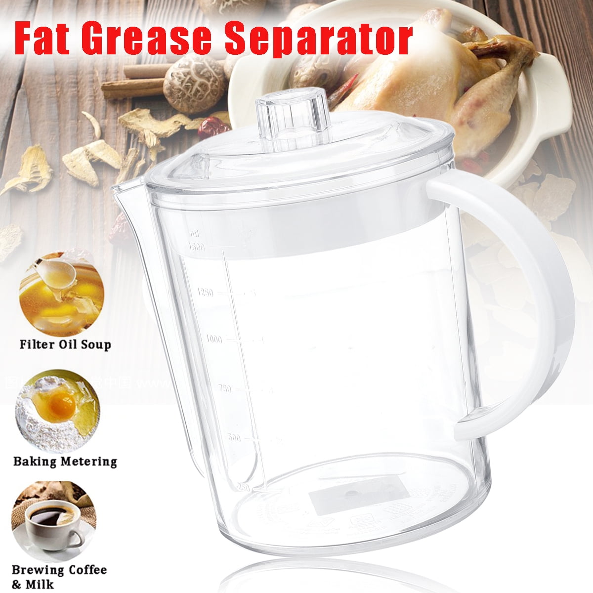 UPKOCH 1500ml Fat Separator Measuring Cup Fat Stopper Oil Gravy Separator  with Strainer Filter for Home Kitchen (White)