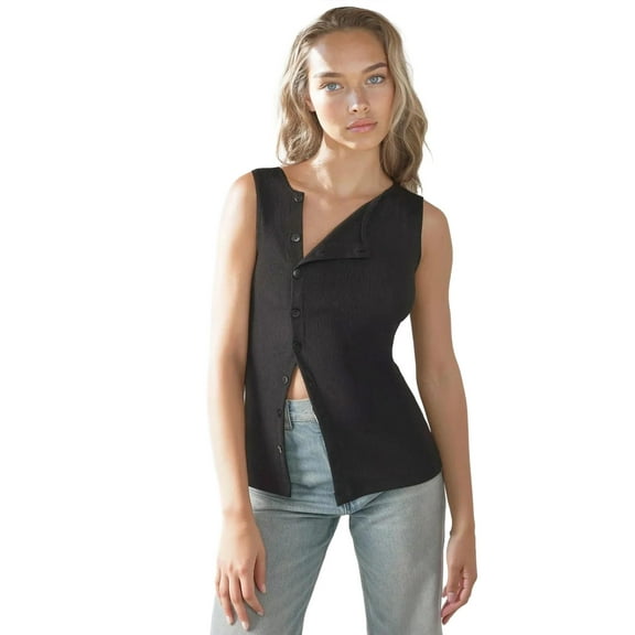 Textured Slim Fit Crew Neck Top with Button Detail