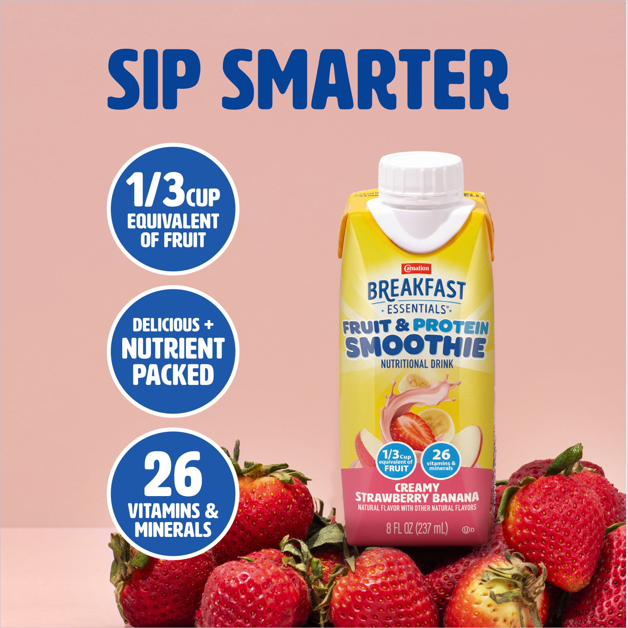 (4 pack) Carnation Breakfast Essentials Fruit and Protein Smoothie, Creamy Strawberry Banana, 8 fl oz, 6 Pack