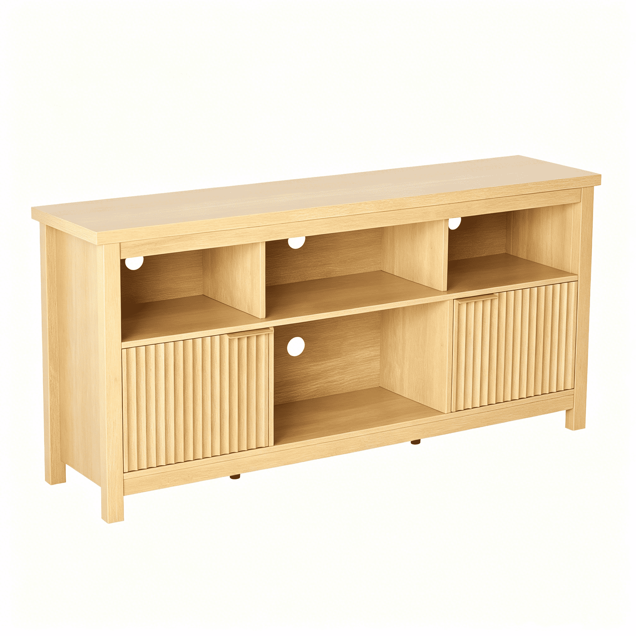 TV Stand with 4 Open Cubbies & 2 Fluted Hinged Storage Doors, Adjustable Inner Shelves, Cable Management Holes, Media Console Cabinet for Living Room Bedroom, 58.07" x 14.96" x 27.36"
