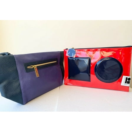 2 pcs Pieces Set Estee Lauder Navy Blue Red Soft Faux Leather Plastic Makeup Cosmetic Purse Bag, Large Size