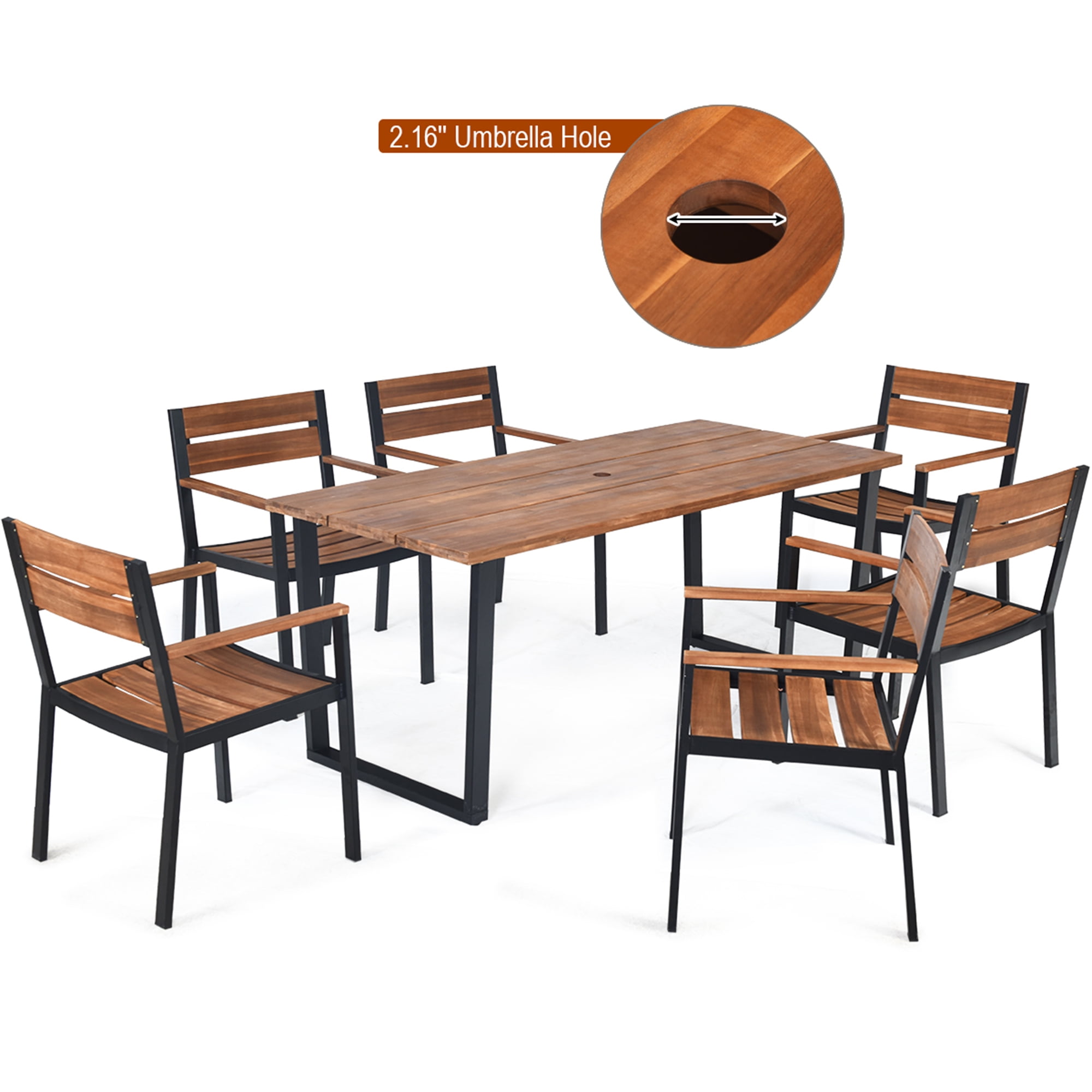 Costway 7-pc Outdoor Umbrella Dining Furniture, Acacia Wood Table