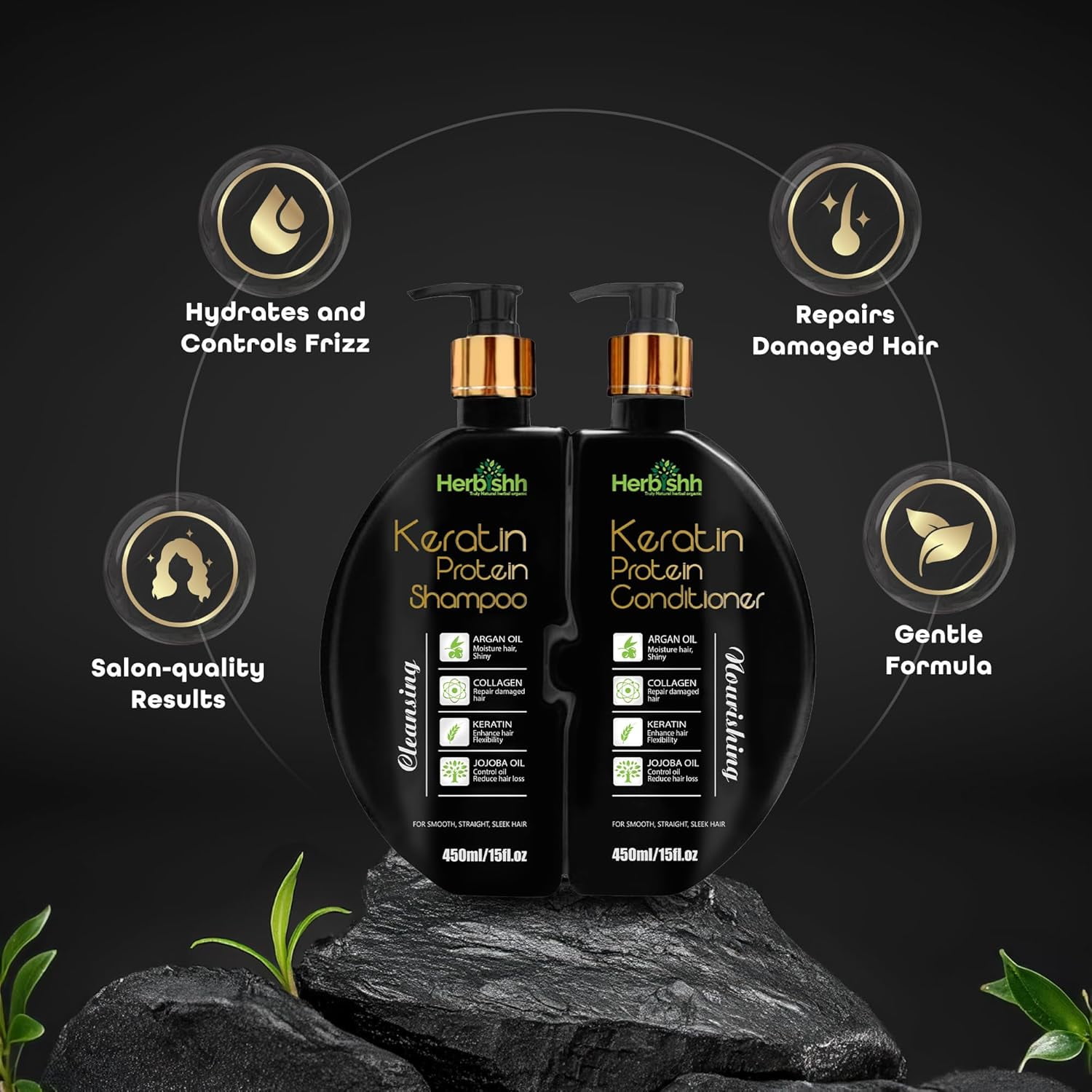 Herbishh Keratin Shampoo and Conditioner Set – Shiny & Frizz-free, All Hair Types, Unisex, 450ml