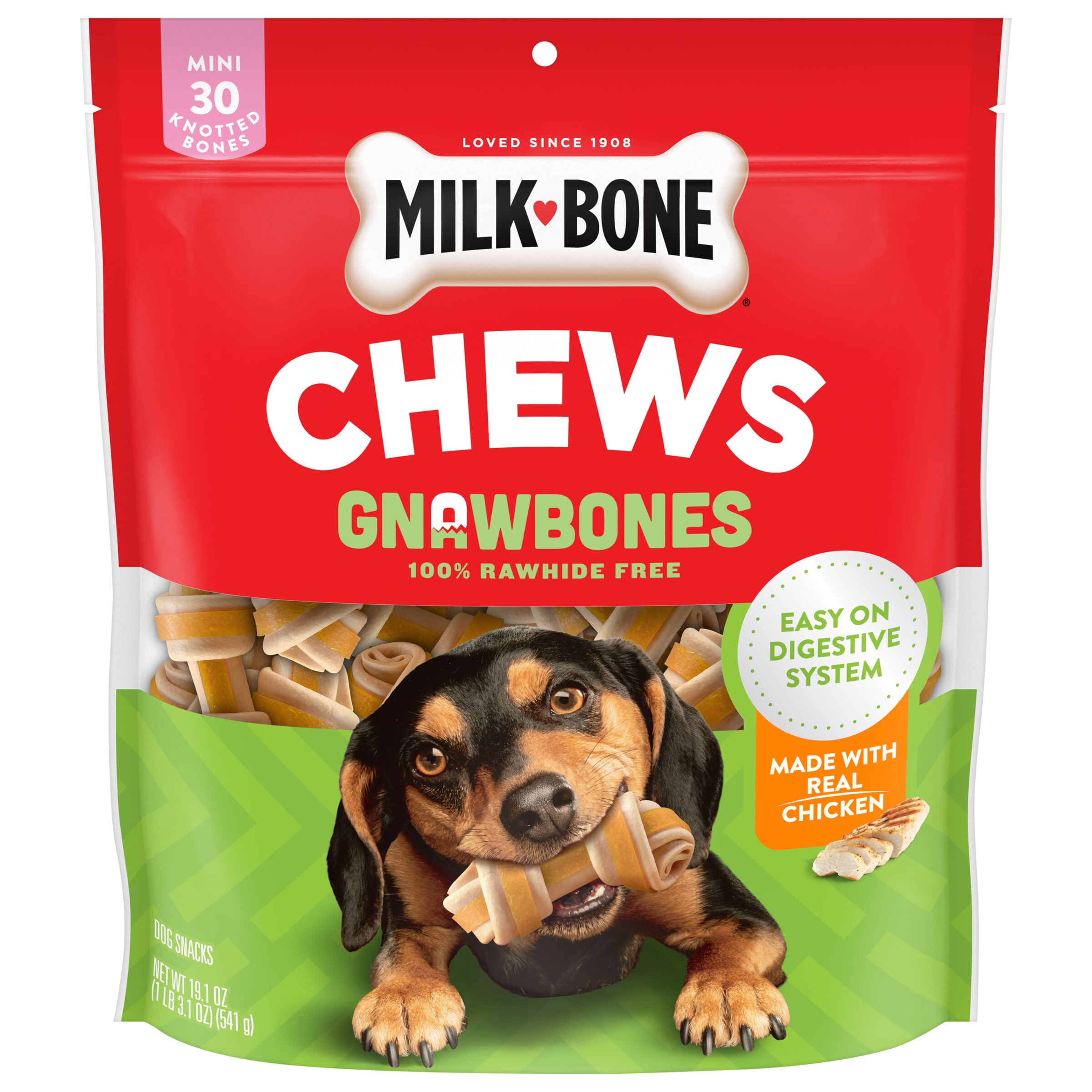 Milk-Bone GnawBones Rawhide Free Dog Chews With Real Chicken, Long-Lasting Mini Dog Treats, Bag of 30