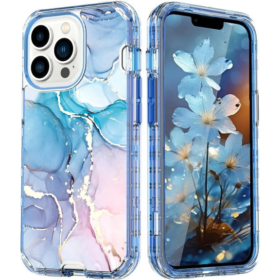 for iPhone 16 Pro Max Case, Marble Pattern 3 in 1 Heavy Duty Full Body Shockproof Hard PC Soft Silicone Drop Protective Luxury Women Phone Cover for iPhone 16 Pro Max (Blue)
