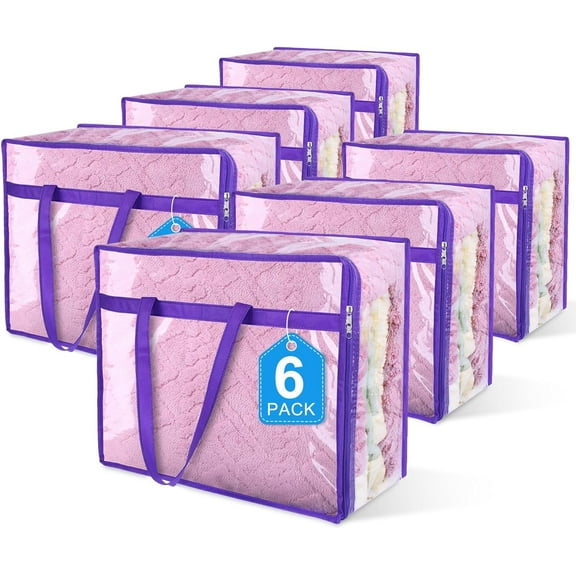 6 Pack Clear Zippered Storage Bags for Clothes, Closet Organizers and Storage Vinyl Bag for Bedding, Linen, Blankets, Comforters, Clothes & Toys Multi Purpose & Space Saver PVC Organizers
